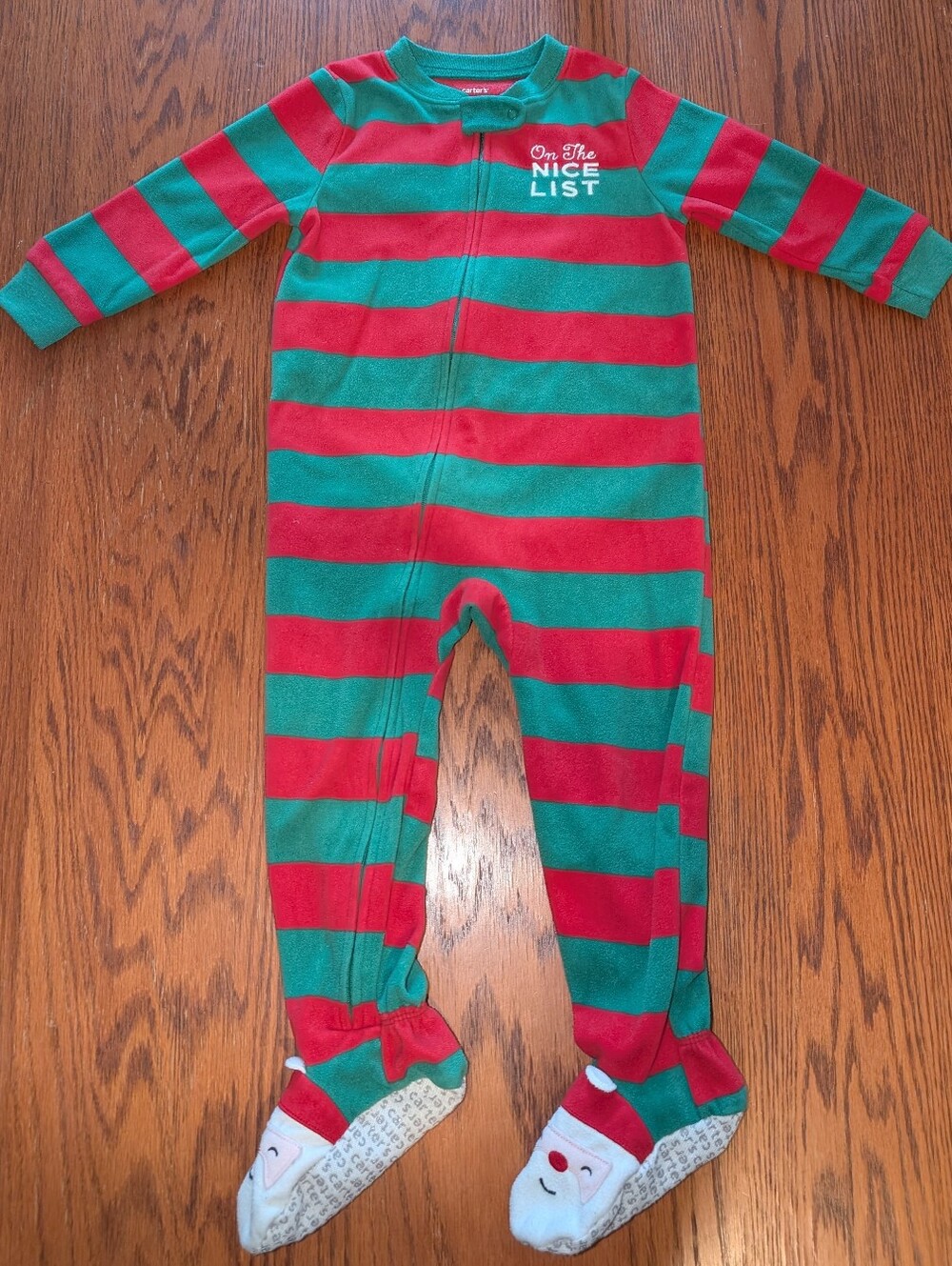 Carter’s 24M Christmas Elf Footed Fleece Pajamas Red Green Striped